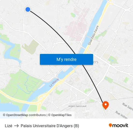 Lizé to Palais Universitaire D'Angers (B) map