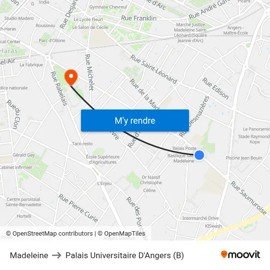 Madeleine to Palais Universitaire D'Angers (B) map