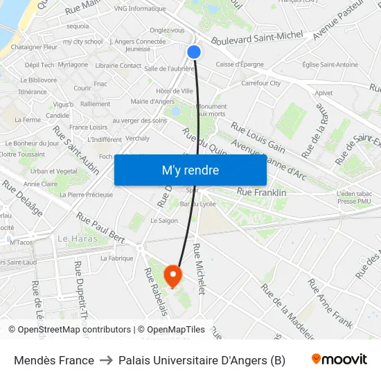 Mendès France to Palais Universitaire D'Angers (B) map
