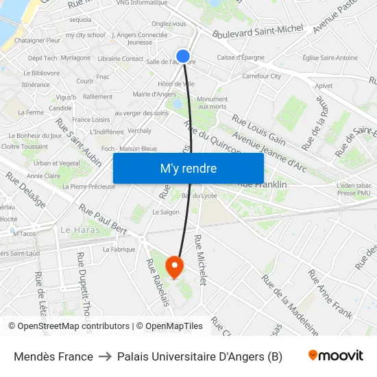 Mendès France to Palais Universitaire D'Angers (B) map