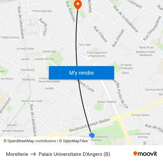 Morellerie to Palais Universitaire D'Angers (B) map