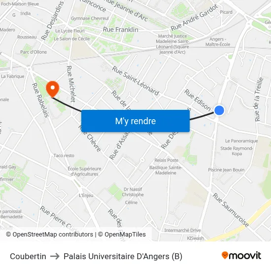 Coubertin to Palais Universitaire D'Angers (B) map