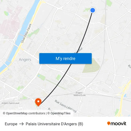 Europe to Palais Universitaire D'Angers (B) map