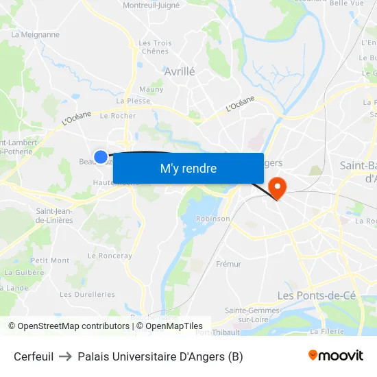 Cerfeuil to Palais Universitaire D'Angers (B) map