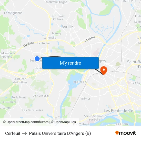 Cerfeuil to Palais Universitaire D'Angers (B) map