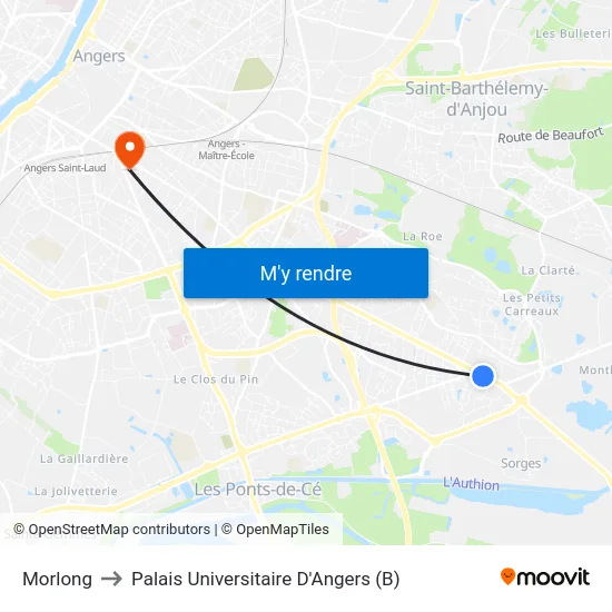 Morlong to Palais Universitaire D'Angers (B) map