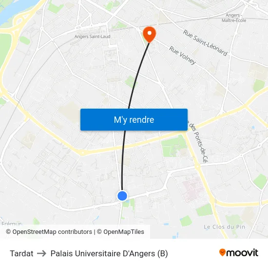 Tardat to Palais Universitaire D'Angers (B) map