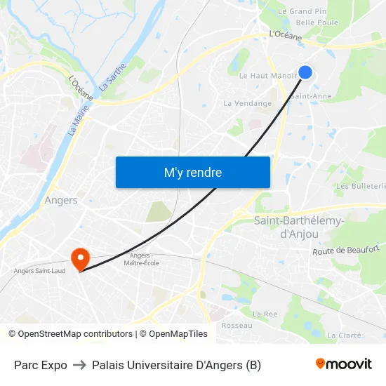 Parc Expo to Palais Universitaire D'Angers (B) map