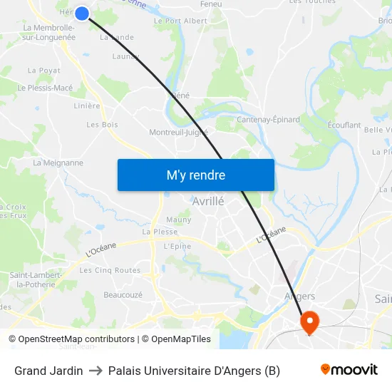 Grand Jardin to Palais Universitaire D'Angers (B) map