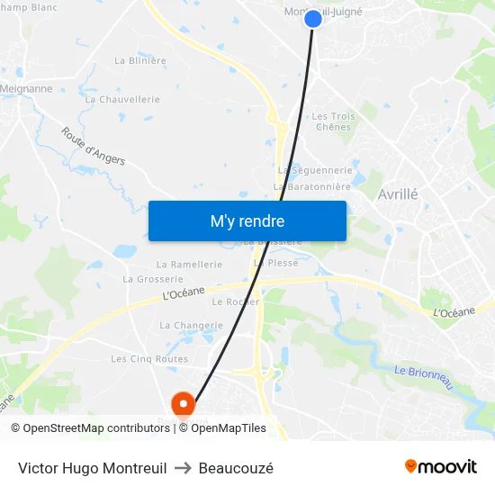 Victor Hugo Montreuil to Beaucouzé map
