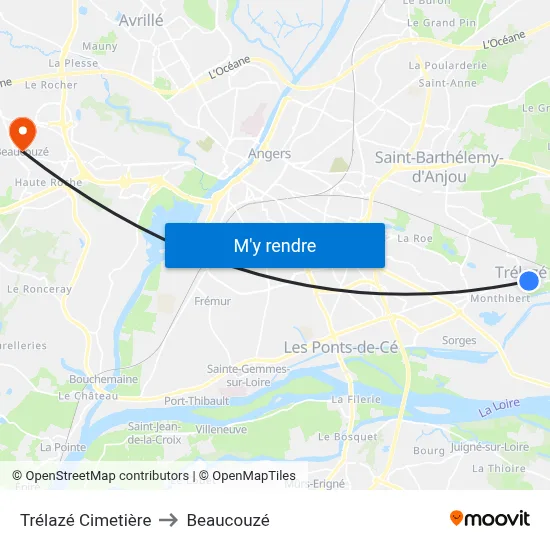 Trélazé Cimetière to Beaucouzé map