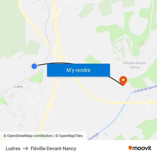 Ludres to Fléville-Devant-Nancy map