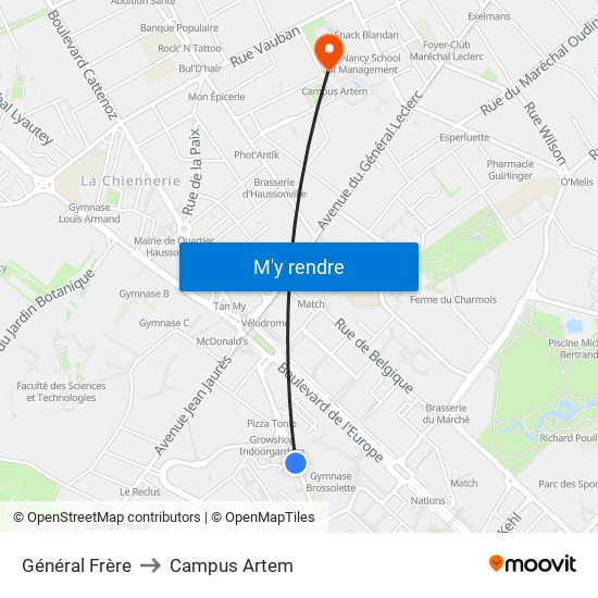Général Frère to Campus Artem map