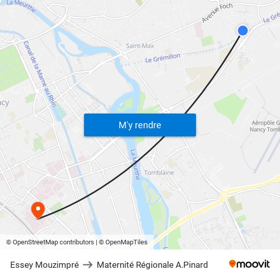 Essey Mouzimpré to Maternité Régionale A.Pinard map