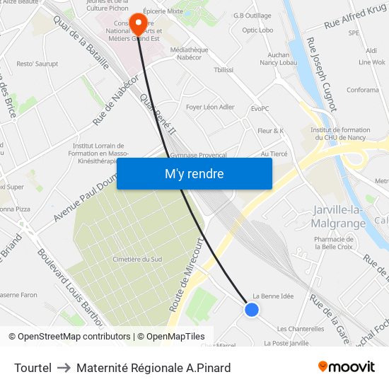Tourtel to Maternité Régionale A.Pinard map