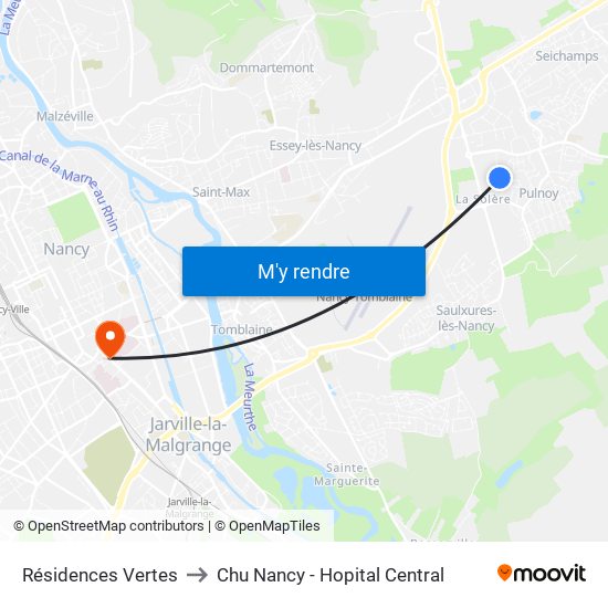 Résidences Vertes to Chu Nancy - Hopital Central map