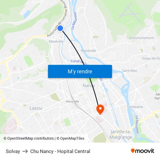Solvay to Chu Nancy - Hopital Central map