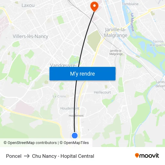 Poncel to Chu Nancy - Hopital Central map