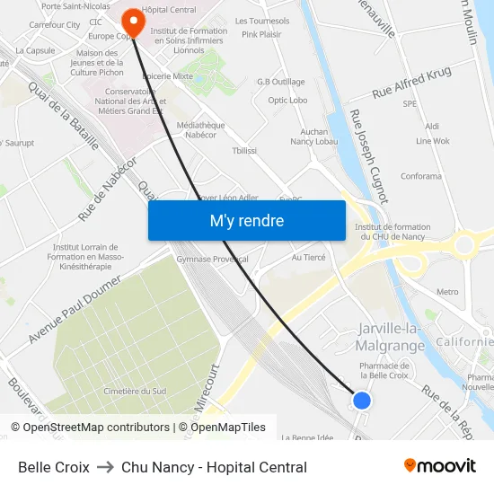 Belle Croix to Chu Nancy - Hopital Central map