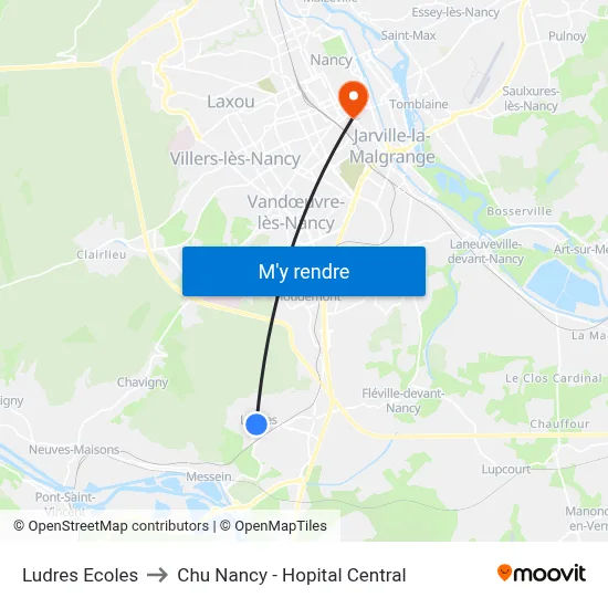 Ludres Ecoles to Chu Nancy - Hopital Central map