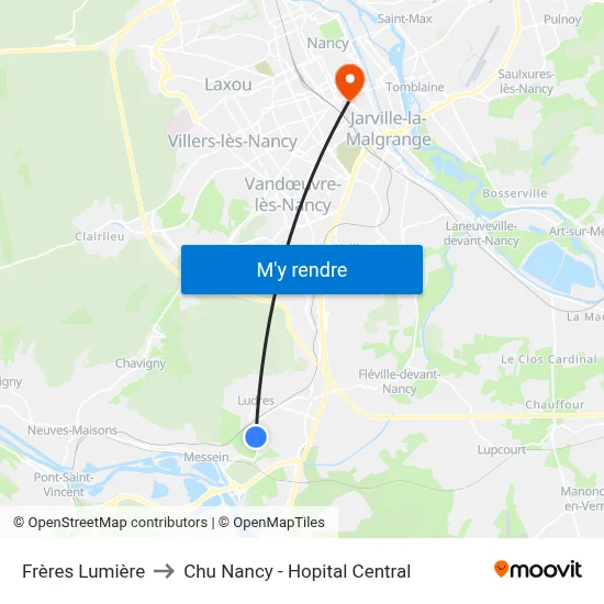 Frères Lumière to Chu Nancy - Hopital Central map