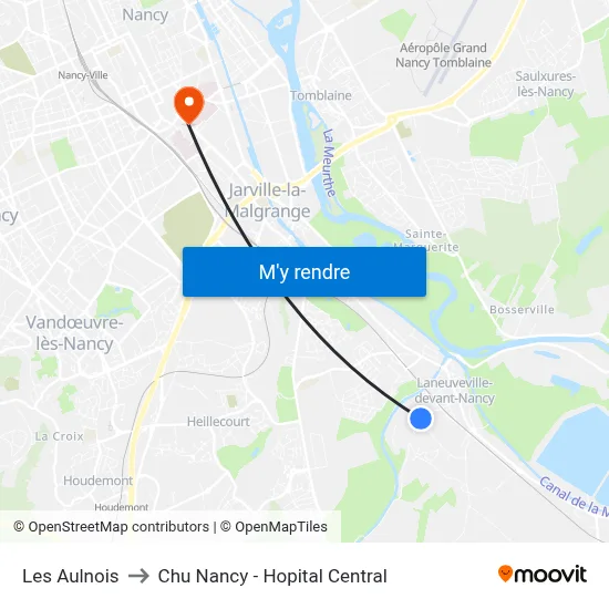 Les Aulnois to Chu Nancy - Hopital Central map