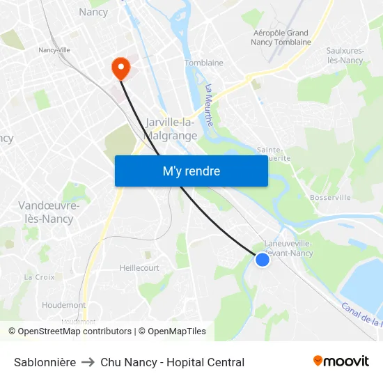 Sablonnière to Chu Nancy - Hopital Central map