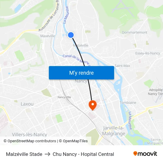 Malzéville Stade to Chu Nancy - Hopital Central map