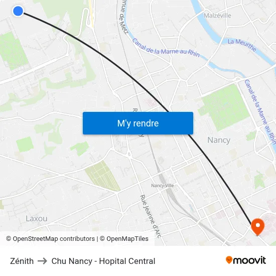 Zénith to Chu Nancy - Hopital Central map