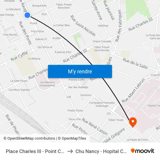 Place Charles III - Point Central to Chu Nancy - Hopital Central map