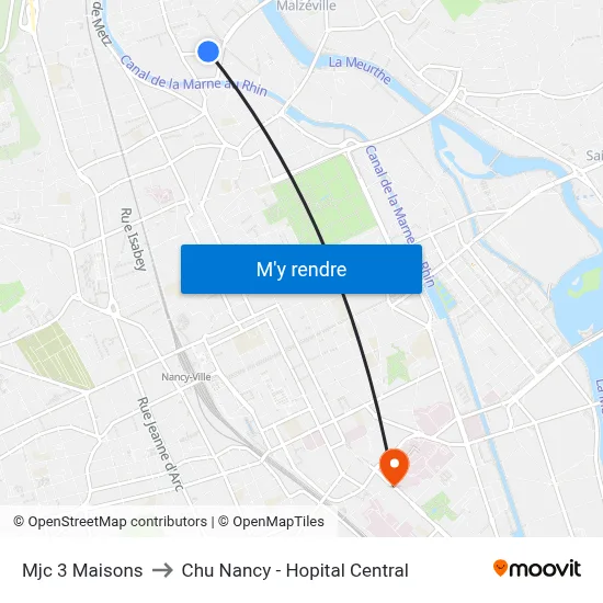 Mjc 3 Maisons to Chu Nancy - Hopital Central map