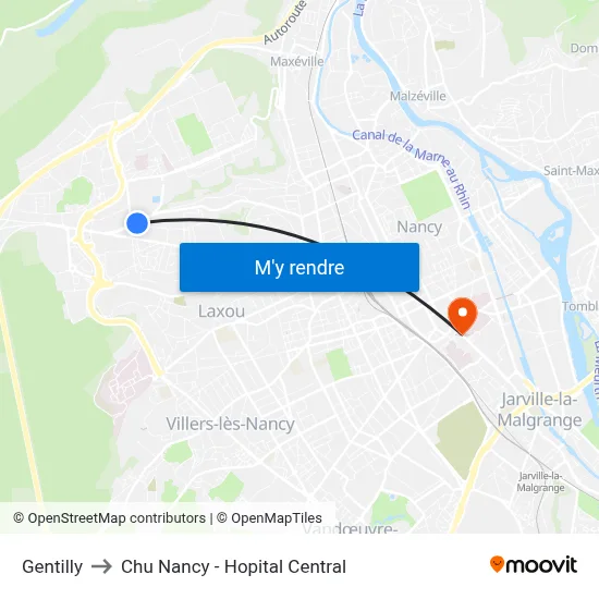 Gentilly to Chu Nancy - Hopital Central map