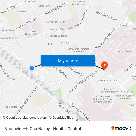 Varsovie to Chu Nancy - Hopital Central map