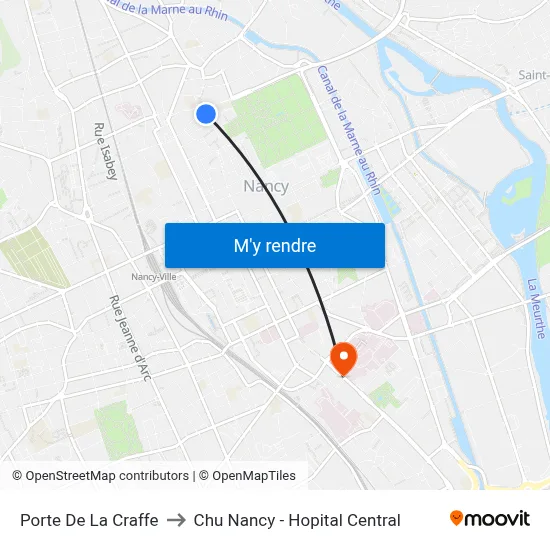 Porte De La Craffe to Chu Nancy - Hopital Central map