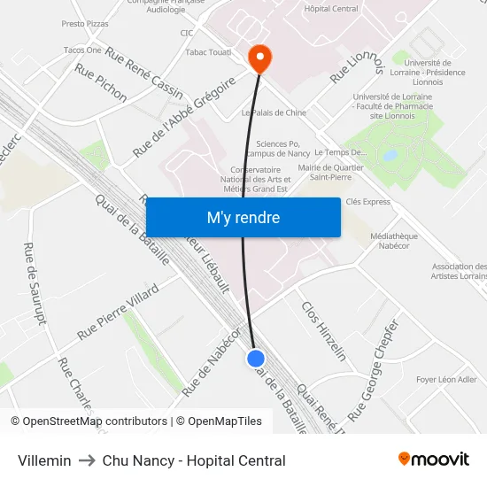 Villemin to Chu Nancy - Hopital Central map