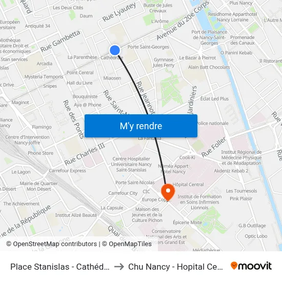 Place Stanislas - Cathédrale to Chu Nancy - Hopital Central map