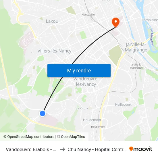 Vandoeuvre Brabois - H. to Chu Nancy - Hopital Central map