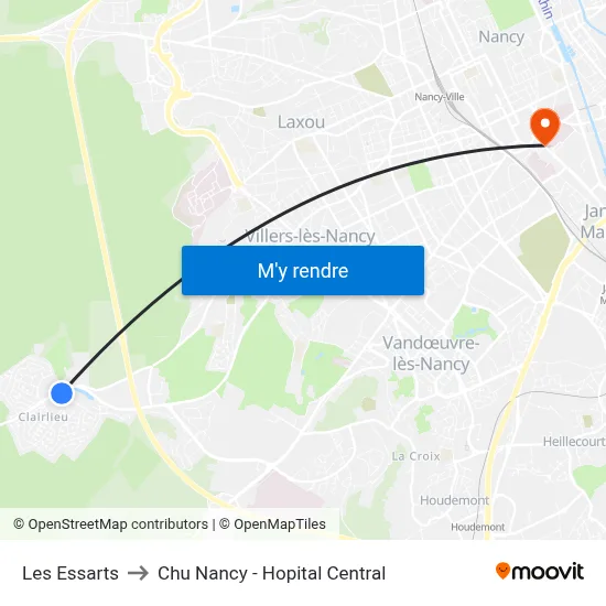 Les Essarts to Chu Nancy - Hopital Central map