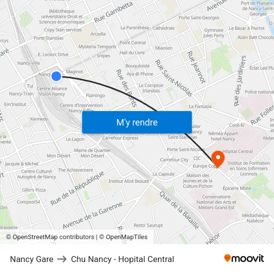 Nancy Gare to Chu Nancy - Hopital Central map