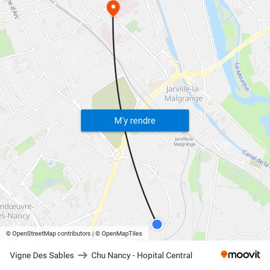 Vigne Des Sables to Chu Nancy - Hopital Central map