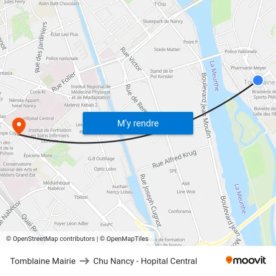 Tomblaine Mairie to Chu Nancy - Hopital Central map