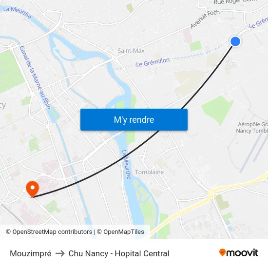 Mouzimpré to Chu Nancy - Hopital Central map
