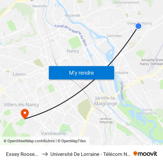 Essey Roosevelt to Université De Lorraine - Télécom Nancy map