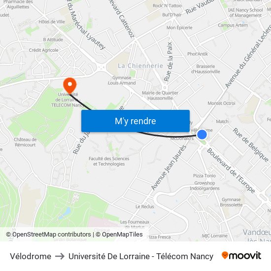 Vélodrome to Université De Lorraine - Télécom Nancy map