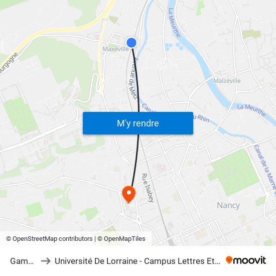 Gambetta to Université De Lorraine - Campus Lettres Et Sciences Humaines map