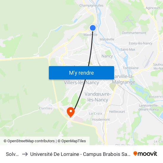 Solvay to Université De Lorraine - Campus Brabois Santé map