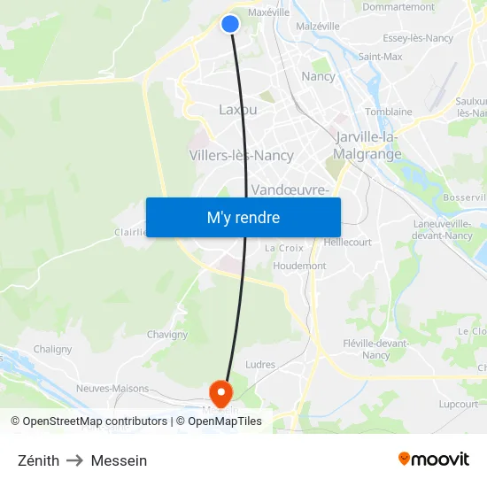 Zénith to Messein map