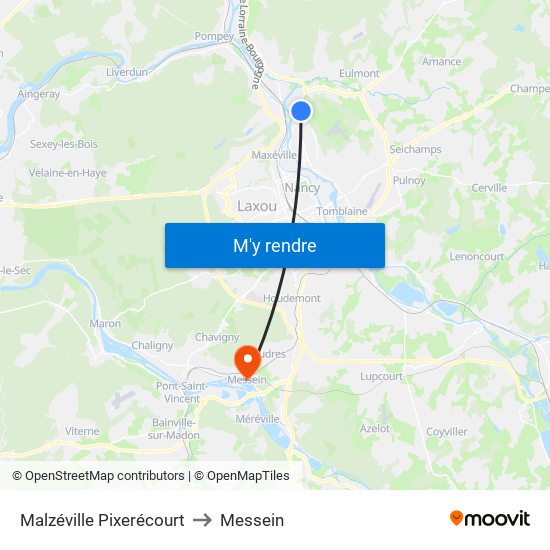 Malzéville Pixerécourt to Messein map