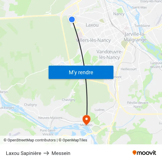 Laxou Sapinière to Messein map