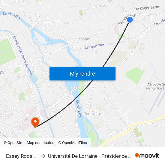 Essey Roosevelt to Université De Lorraine - Présidence Lionnois map